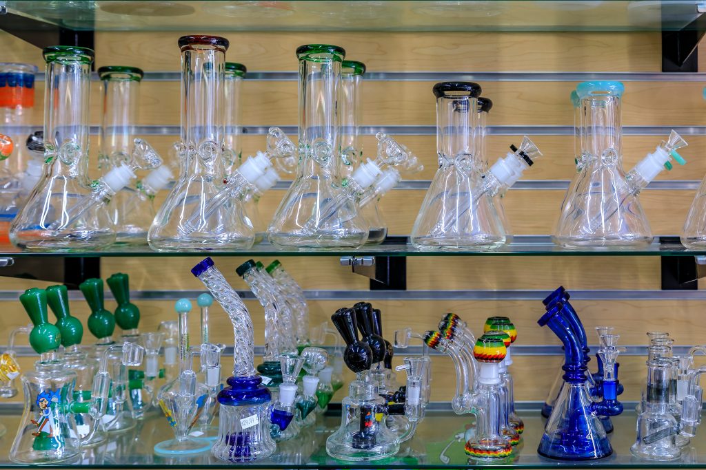 Glass bongs on display for smoking marijuana known as weed or pot in a store in San Francisco famous Haight Ashbury